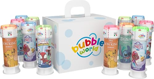 Bubble World Bolle di sapone DISNEY/MARVEL MIX per bambini Party Pack 12 pz da 60 ml Gadget compleanno a tema Eroi e Principesse Made in Italy