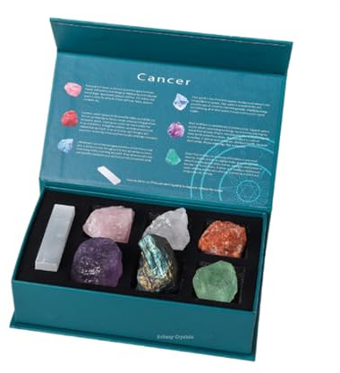 Erliway Krebs Sternzeichen Kristalle Geschenkset, Sternzeichen Heilkristalle Geburtssteine mit Horoskop-Box, 7 Stück natürliche Rohsteine für Anfänger, spirituelle Astrologie Kristalle