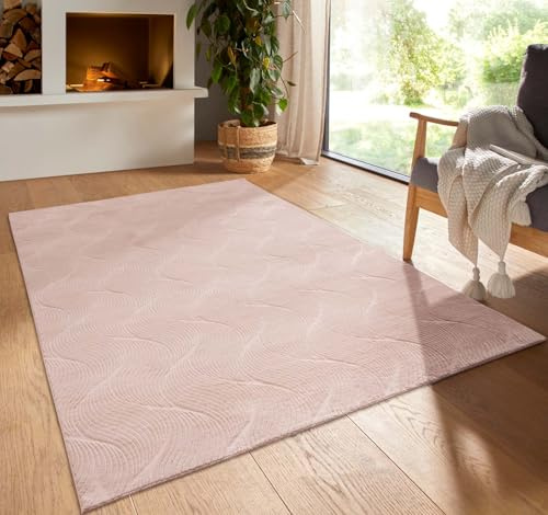 Taracarpet Kurzflor Boho Skandi Polyester Teppich in 3D Optik waschbar, pflegeleicht und robust ideal fürs Wohnzimmer, Schlafzimmer und Kinderzimmer auch als Badematte Rosa Düne 120x170 cm