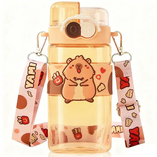 Capybara Water Bottle With Straw, 520ml Capybara Drinking Bottle Reusable Cup with Shoulder Strap Double Drinking Leakproof Bottles Cup Drink Flasks Kettle Drinks Bottles Flip Top Toddler Sippy Cups