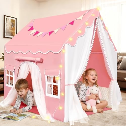Herenear Kinderzelt mit 2 Eingängen, Spielzelt Kinder Indoor mit Lichtern und Zeltunterlage, Spielhaus Kinderhaus Innenbettzelt, Zelt Kinderzimmer Dekor für Kleinkinder (Rosa)
