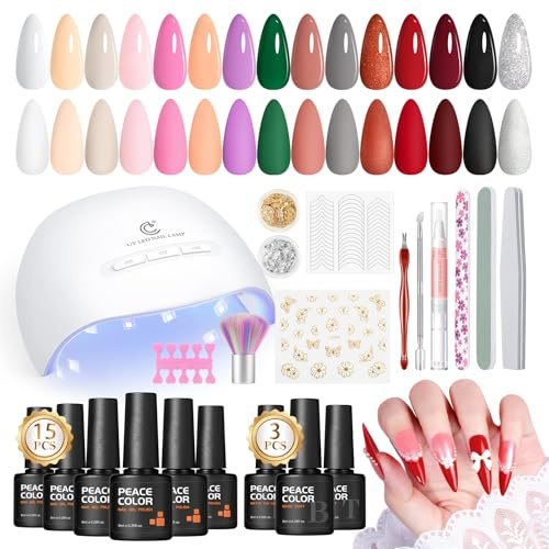 PEACECOLOR UV Nagellack Set, 15 Farben Gel Nägel mit Nagellampe, Rot Schwarz Weiß Rosa Gelnägel Starterset, Unterlack und Überlack Matte Maniküre Nageldesign Set