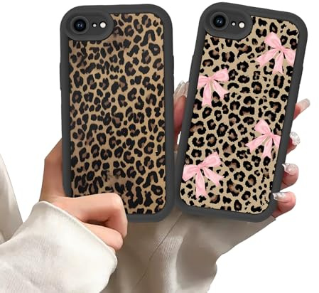 Zrutru 2 Pack Black Cheetah Print Phone Cases for iPhone SE 2022/SE 2020/8/7 Pink Bow Leopard Case,TPU Bumper Shockproof Funda for Women Girls Drop Protection Case for iPhone SE 2022/2020 4.7 Inch