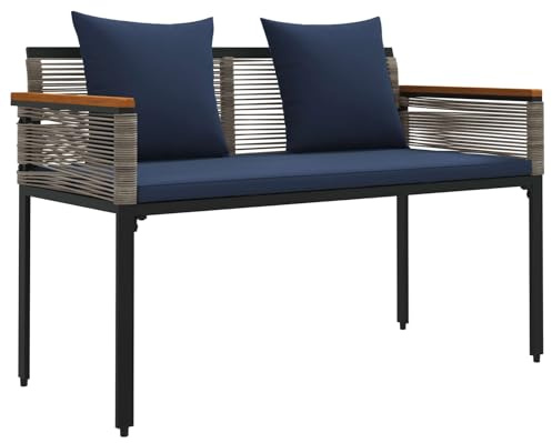 vidaXL Bank Outdoor Grau und Marineblau 117 x 54 x 74,5 cm Poly-Rattan, Garten und Terrasse, Rechteckig, Modern, Verstellbare Füße, UV-beständige Materialien, Abnehmbare Bezüge, Gartenmöbel