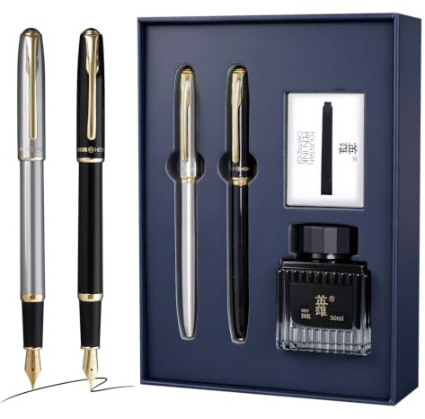 HERO Fountain Pen Set 2 Counts, Gloss Black & Silver, Fine Nib, Smooth Writing Pen with 5 Ink Cartridges & 30ml Ink Bottle, Luxury Gift Box for Journaling, Calligraphy & Daily Use