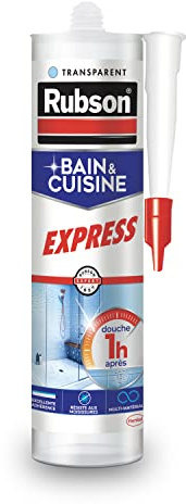 Rubson Mastic Bain & Cuisine Express , Joint silicone longue durée résistant aux moisissures, Mastic sanitaire étanche facile d’utilisation séchage en 1h, transparent, 280 ml