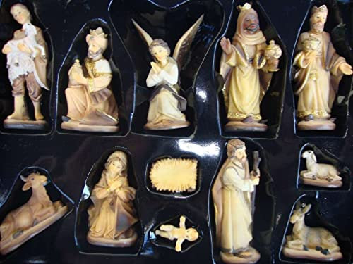 Große historische Design Figuren für große Weihnachtskrippen aus Holz Echtholz-Optik 12-teilig 15 cm KFX-HO im Holzfiguren-Stil handbemalt und GEBEIZT