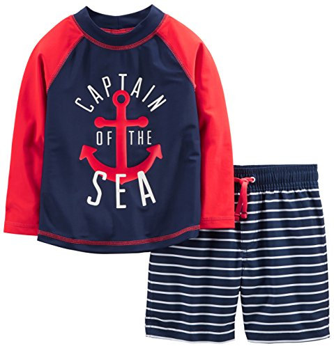 Simple Joys by Carter's Baby Jungen Swimsuit Trunk and Rashguard Rash-Guard-Set, Marineblau Rot Anker/Weiß Streifen, 4 Jahre