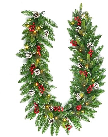 2m Christmas Garland with Warm White LED Lights Decorated Snow Flocked Artificial Green Xmas Garland Hanging Decorations with Pinecones, Red Berries for Home Stairs, Fireplace