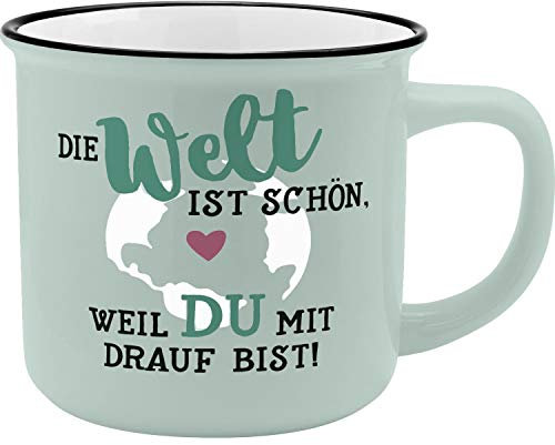 GRUSS & CO Becher Motiv Welt | New Bone China Porzellan, Emaille-Optik, 35 cl | Tasse mit Spruch | 45775