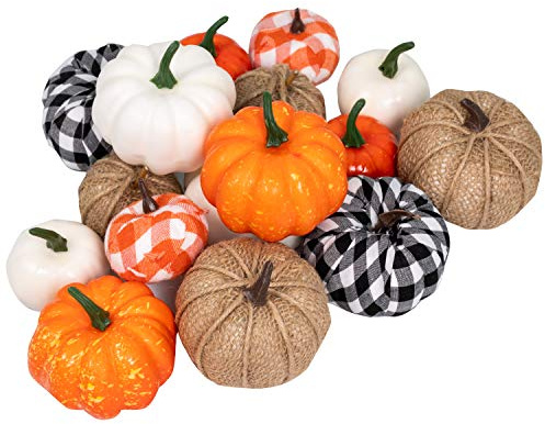 Ueerdand 16 PCS Fall Decor Assorted Sizes Artificial Pumpkins Burlap Faux Foam Pumpkin for Harvest Autumn Season Halloween Thanksgiving Holiday Festive Embellishing and Displaying