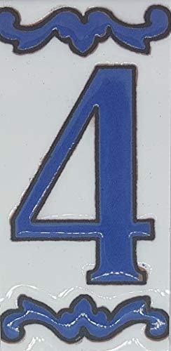 House Numbers Ceramic Tiles, Letters & Frames, Spanish Blue Design, Tile Size: 10cmH x 5cmW, Number Frame Size: 2 to 13 Tile (Number 4)