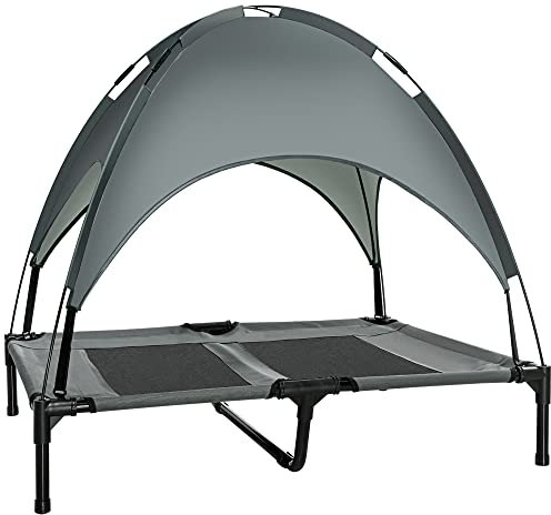 PawHut Lit pour Chien Chat sur Pieds Grand Confort Velum Anti-UV Tissu Oxford Micro-perforé + Parasol + Sac de Transport Inclus dim. 92L x 76l x 90H cm Gris Noir