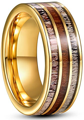 Cloyo 8mm Wolfram Ring Herren Trauringe Gold Verlobungsringe Paar Breite Ringe mit Holz Inlay Partnerring Hochpolnische Flat Größe 60 (19.1)
