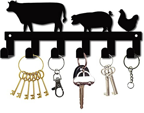 CREATCABIN Metal Key Holder Black Key Hooks Wall Mount Hanger Decor Iron Hanging Organizer Rock Decorative with 6 Hooks Cow and Pig and Chicken for Front Door Entryway Cabinet Hat Towel 10.6 x 4.3inch