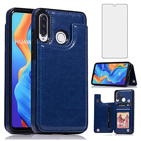 Asuwish Compatible with Huawei P30 Lite Wallet Case and Tempered Glass Screen Protector Card Holder Cover Leather Flip Stand Cell Accessories Phone Cases for Hawaii P30Lite P 30 30Lite Women Men Blue