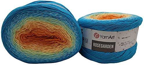 YarnArt Rosegarden, 500 Gramm Bobbel Wolle Farbverlauf, 100% Baumwolle, Bobble Strickwolle Mehrfarbig (türkis ocker lachs 317)
