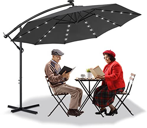 SAILUN Aluminium Sonnenschirm mit Solar LED Beleuchtung Wasserdicht Sonnenschirm mit Kurbelmechanismus Höhenverstellbar Balkonschirm Gartenschirm Marktschirm UV-Schutz 40+, Dunkelgrau, mit