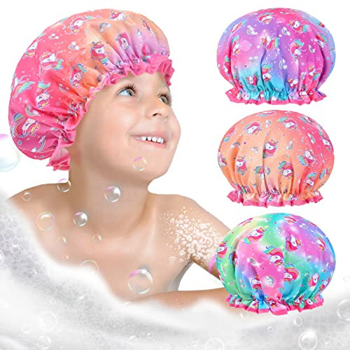 OlyPegic Kinder Duschhaube, 3 Stück, Doppelschichtige Wiederverwendbare Duschmütze mit Gummiband, Wasserdicht, für Mädchen, Kinder, Dusche, Spa