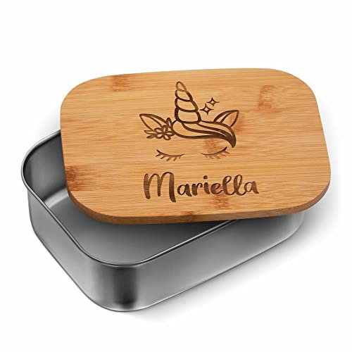 CHRISCK design Edelstahl Kinder Brotdose Einhorn Mädchen - mit Namen personalisiert – nachhaltige Brotzeitbox Brotbüchse - Lunchbox Kindergarten Schule - Personalisierte Snackbox Kind Metall