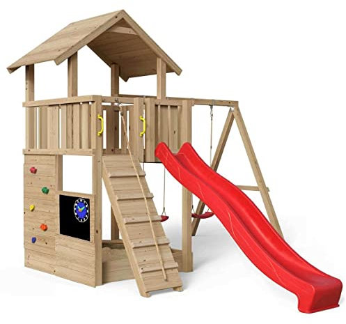 Spielturm Mia 360 - natürlich Lärche - außergewöhnlich - Spielturm mit Holzdach, Kletterwand, Kreidetafel, Rampe mit Seil, Sandkasten, Doppelschaukel und Rutsche rot