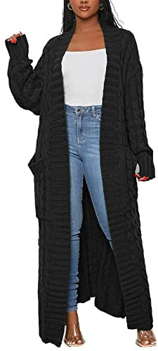 SHINFY Women Long Sleeve Open Front Knit Long Cardigan Casual Knitted Maxi Sweater Coat Outwear with Pockets, 00 Black, M