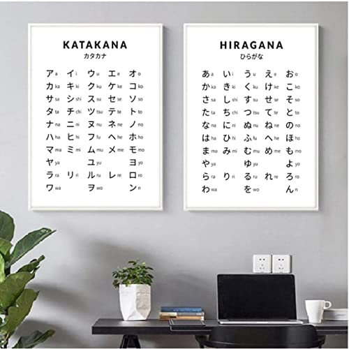 AIVYNA Hiragana Und Katakana Diagramm Kunstdruck Schwarz Weiß Japanisches Alphabet Poster Leinwand GemäLde Wohnzimmer BüRo Wohnkultur Rahmenlos