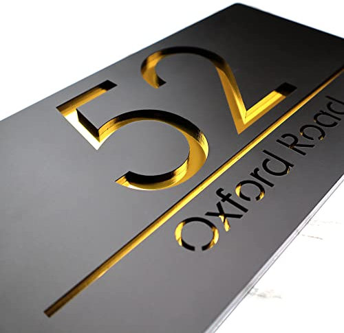 K Smart Sign | Bellissima A4 F31 | Matt Black Personalised House Signs Laser Cut 3d Door Numbers Street Address Number Plaques | 300mm x 160mm (Matt Black & Gold Mirror)