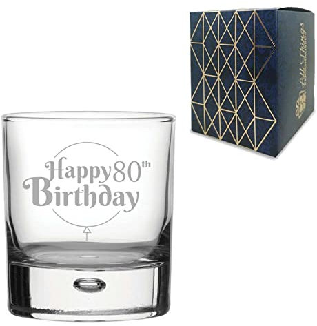 Engraved 80th Birthday Gift, Bubble Whisky Glass, Holds 11.5oz, 340ml, Gift Boxed, Happy Birthday Balloon Design, Gift for Him or Her, Laser Engraved in The UK