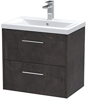 Hudson Reed JNU2624A Juno Modern Bathroom Wall Hung 2 Drawer Vanity Basin Unit & Mid-Edge Ceramic Basin, 600mm, Matt Metallic Slate