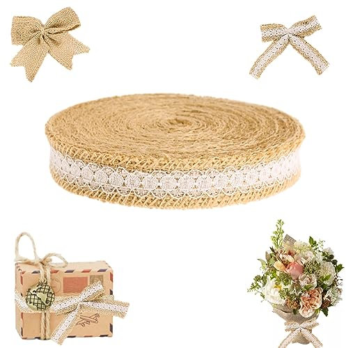 1 Rollen Juteband Sackleinen, 10M Natürliche Jute Band, Jute Spitze Dekoband, Vintage Sackleinenbandrolle mit Spitze, Jute Spitzenband Dekoband, für DIY Handwerk Weihnachten Basteln Geschenkband