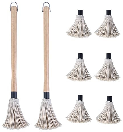 Donxote 45,7 cm BBQ Mop Pinsel Set von 2 Stück, mit 6 extra Ersatzköpfen, Holz langer Griff Baumwollkopf Wischen Grillen Grillsauce Perfekt zum Grillen Räuchern Steak Marinade oder Glasieren