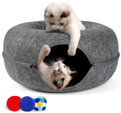 Cherie Bear Cozy Cat Tunnel Bed with 3 Balls, Interactive Felt Cave Bed for Large Cats & Kittens