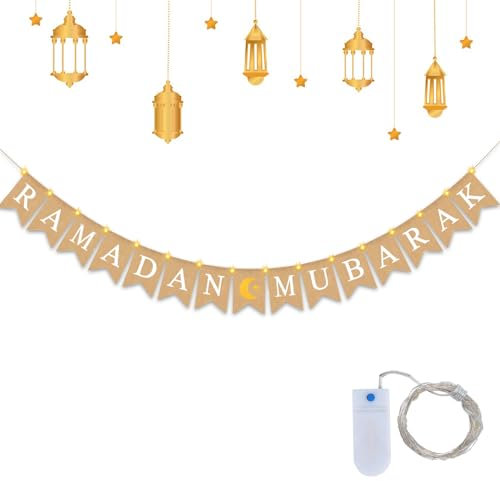 IWTBNOA Ramadan Kareem Banner, Eid Mubarak Banner mit 3Meter LED Lichterkette 30 Licht, Eid Sackleinen Banner, Eid Mubarak Ramadan Banner, Eid Mubarak Party Dekoration für Ramadan Party