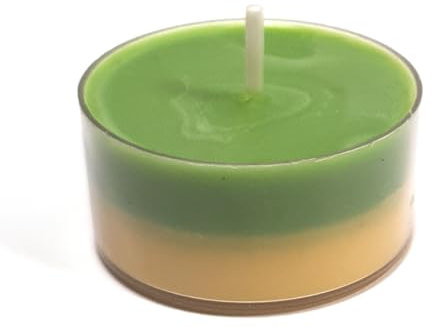 Handarbeit: Bunte ein oder zweifarbige Teelichter aus Sojawachs in klarer Kunststoffhülse mit langer Brenndauer (30er, Gelb, Grün)