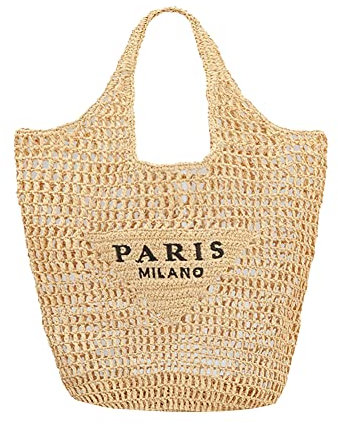 Yelschwa Straw Mesh Tote Bag Fashionable Crochet Handbag Foldable Large Capacity Woven Beach Tote Bag Shoulder Bag For Women Suitable For Vacation Picnic Party Shopping (Khaki)