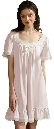 Nanxson Chemise de Nuit Femme en Coton Manches Courtes/Longues Vêtement de Nuit Vintage Victorienne Princesse Robe de Nuit (L,Manche Courte Rose)