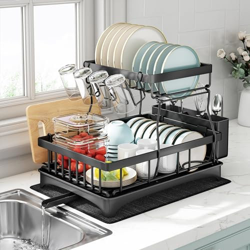 Kitstorack Égouttoir à Vaisselle 2 Niveaux - Grand Séchoir de Cuisine avec Vidange Automatique, Porte-Gobelets et Porte-Ustensiles - pour Évier