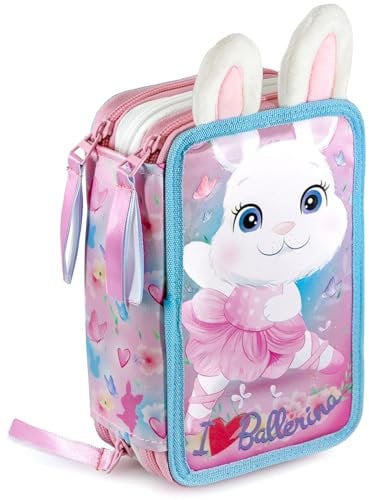 Julian Ross 3-Fach Federmäppchen für Mädchen – 45-teilig komplett gefüllt – Design Ballerina Häschen mit Plüsch-Ohren – Perfekt für Schule & Geschenk