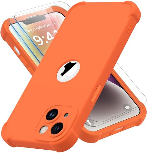 ORETECH Silicone Case for iPhone 14 Plus Case, with [2 x Tempered Glass Screen Protector] [Camera Protection] [Military Grade Protective] 360 Shockproof Thin Slim Fit Rubber Bumper Cover - Orange
