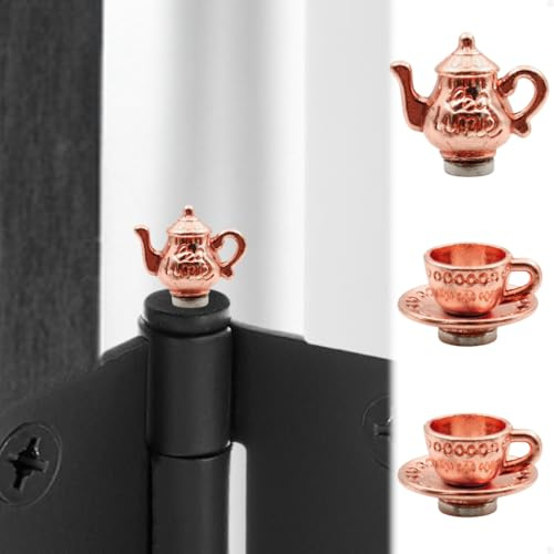 Hinge Head Tea Cup Set of 3 - Miniature Magnetic Hinge Head Topper - Door Hinge Heads Decorative Topper - Cottagecore Whimsical Home Decor (Rose Gold)