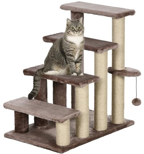 PawHut Katzentreppe 4-stufige Haustiertreppe mit Kratzsäulen Ball Hundetreppe Tiertreppe für Katzen bis 5 kg Plüsch Jute Braun 60 x 40 x 64 cm