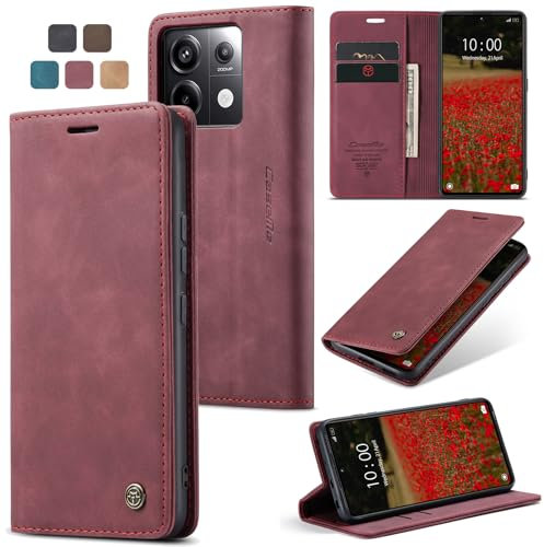 owlhold hülle Xiaomi Poco X6 Pro 5G klapphülle Poco X6 Pro 5G Lederhülle Premium Weiches Vintage-Nubukleder Faltbare Ständer Schutzhülle Kartenfach Handyhülle für Xiaomi Poco X6 Pro 5G -Weinrot