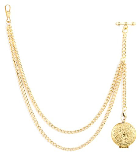 ManChDa Taschenuhr Kette - Kette Taschenuhr für Herren mit Medaillon Anhänger - Taschenuhr und Kette, Vintage Albert T Bar Kette Fob Uhr Curb Link T-Bar Kette 2 Haken | Gold