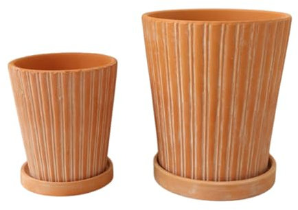 Lot de 2 pots de fleurs en terre cuite rouge à rayures verticales pour plantes d'intérieur et d'extérieur - Pots en argile grossière respirants avec trou de drainage et plateau - Idéal pour les