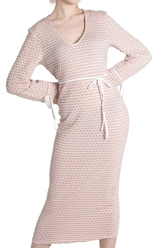 Enorsia Womens Textured Stretch Jersey Long Sleeve Midi Dress with Deep V-Neck, Slim Fit, Ruffled Cuffs and Front Tie Belt (Pink, 18)