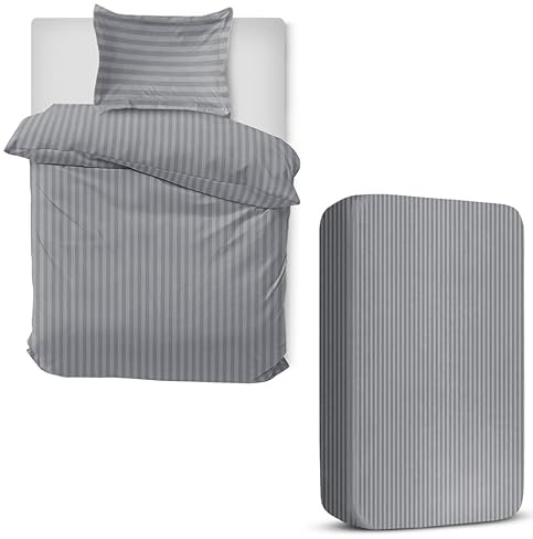 MOONLIGHT20015 3 Piece Single Bedding Set Satin Stripes Duvet Cover Fitted Sheet with Pillow case Hotel Quality Soft Brushed Microfiber Grey
