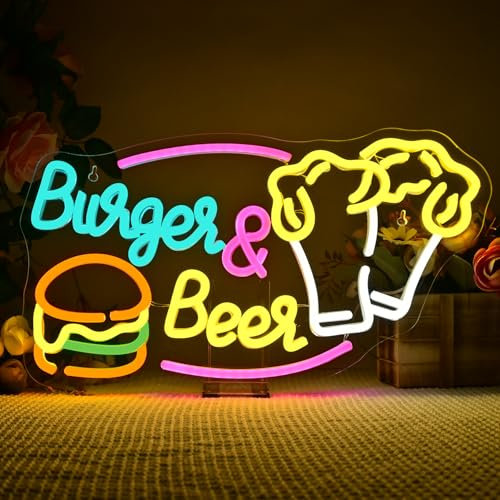 LUCUNSTAR Mural de Neón de Hamburguesa y Cerveza,Luz de Neón para Bar,Restaurante,Decoración de Pared de Cocina,Decoración de para Dormitorio,Regalo para Mujeres y Hombres con USB