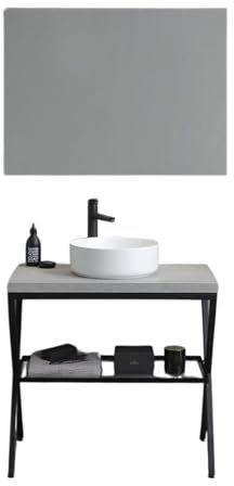 MONDO VIRO Mueble de baño PowerUp de 80 cm, estilo industrial con estructura de metal, acabado de hormigón, lavabo redondo de cerámica y caballete robusto
