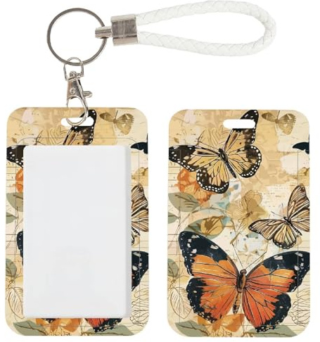 craspire Porte Badge D'Identité Papillons Fleur avec Cordon Détachable en Cuir PU Porte Clés Rectangulaire Fenêtre D'Identification Transparente Étiquette de Nom Protecteur Vintage Clips de Sac